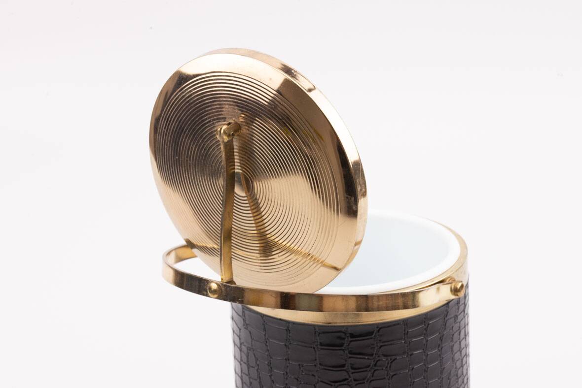 Vintage 1970s ice bucket - Black crocodile effect faux leather