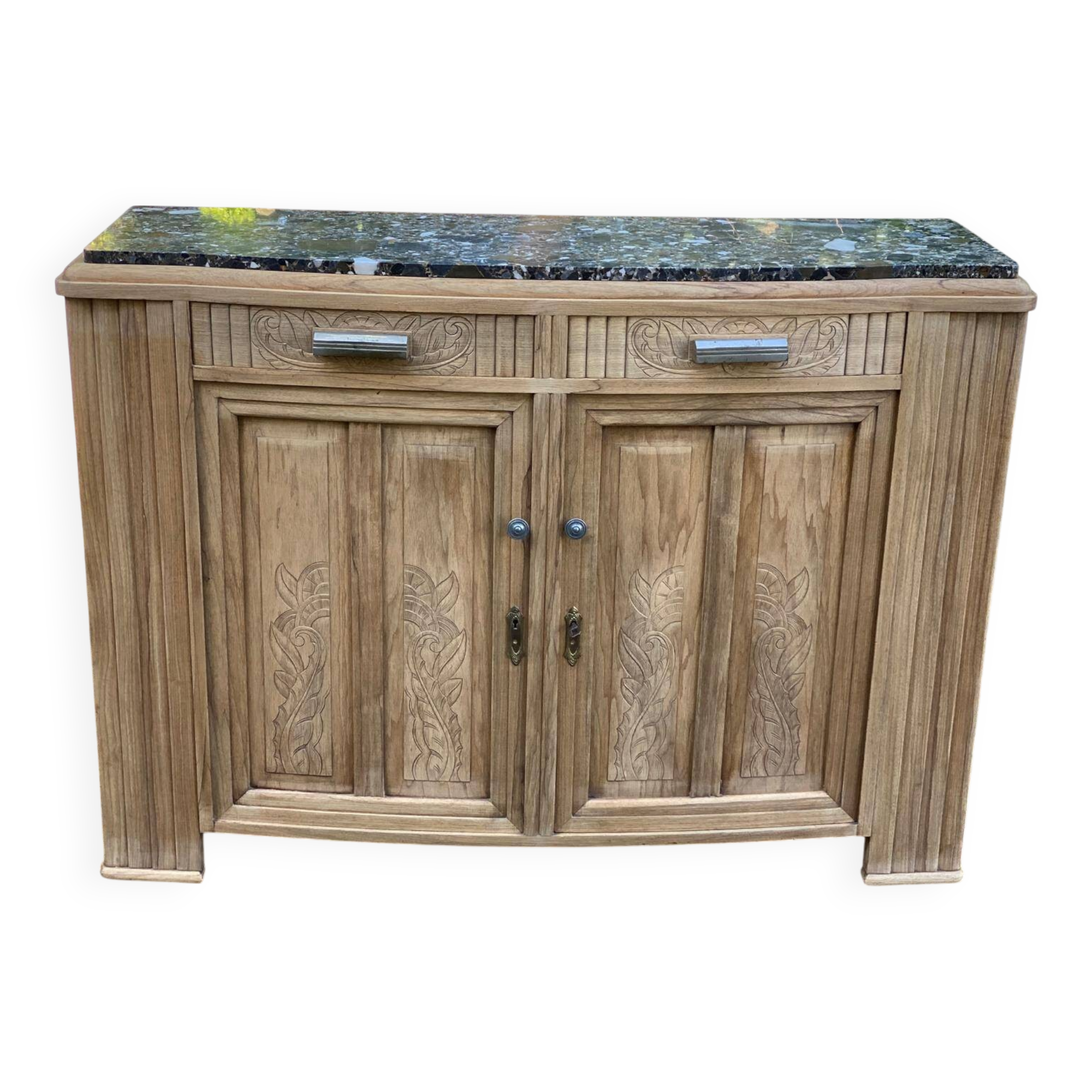 Renovated vintage art deco Parisian sideboard in solid wood and marble 152cm