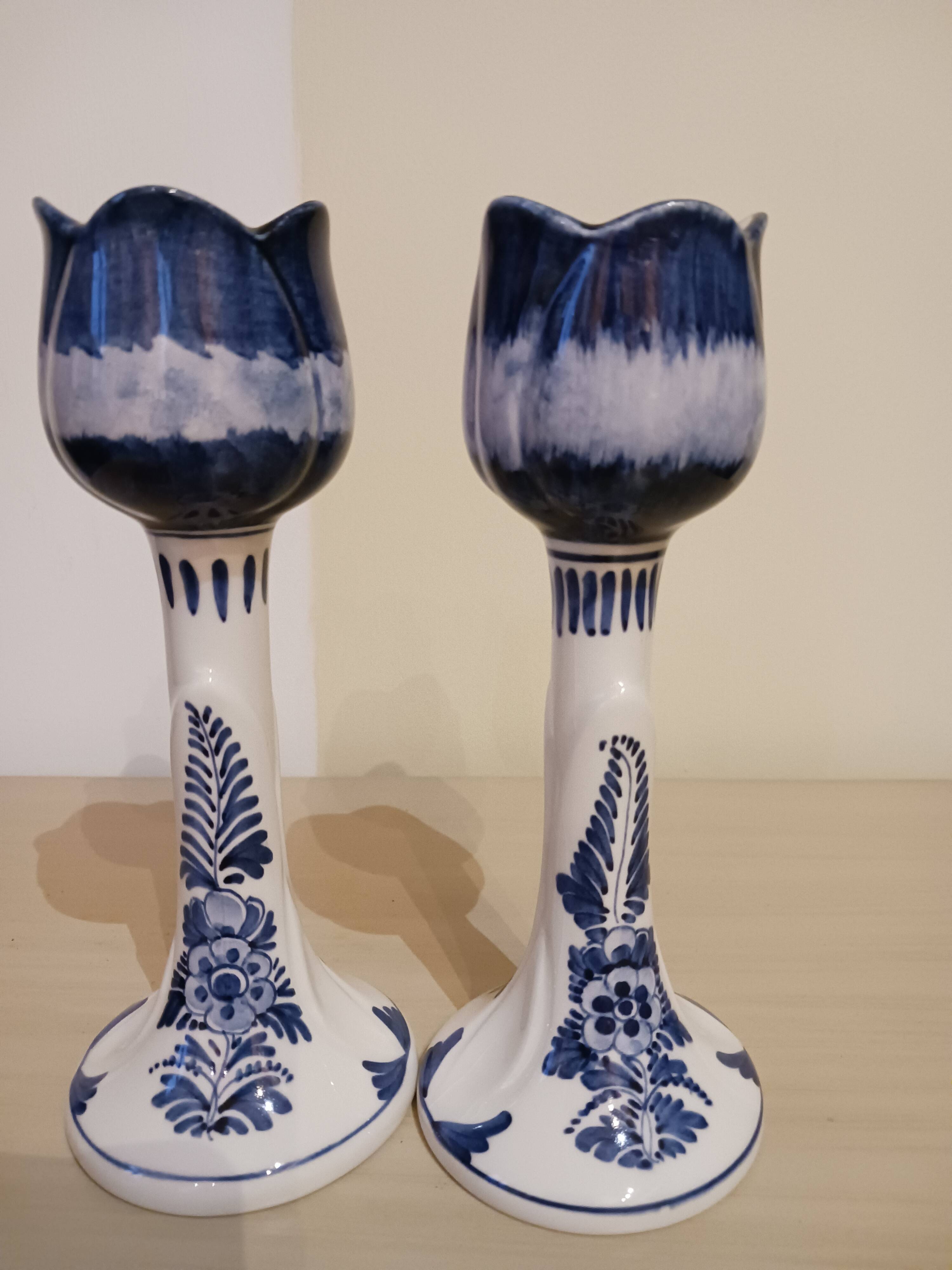Pair of Delft earthenware candlesticks