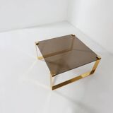 Table basse du milieu du siècle avec base plaquée or et plateau en verre, années 1970