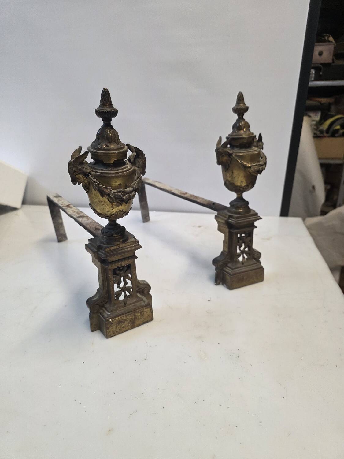 Pair of Louis XVI style andirons, 19th century in bronze