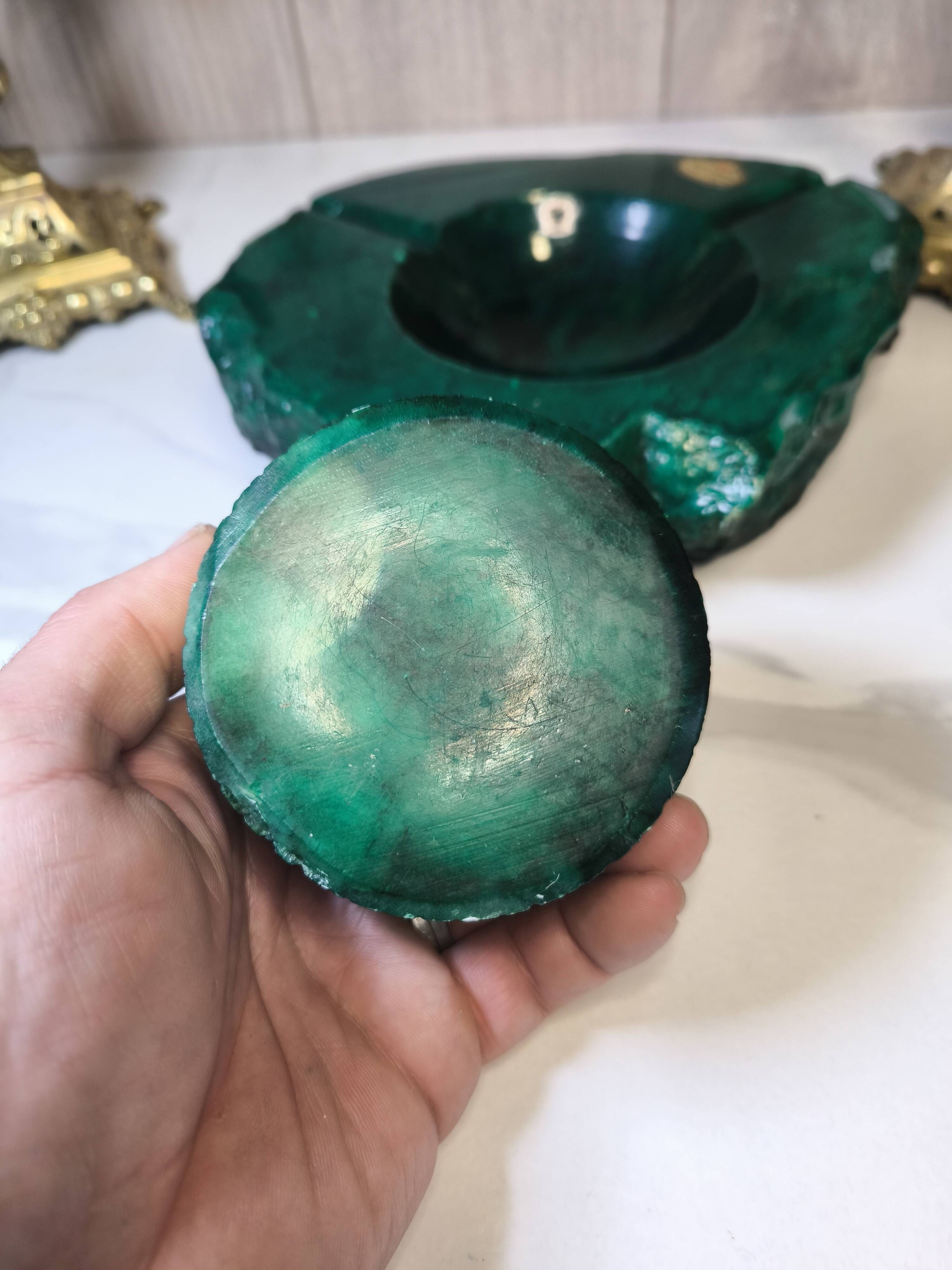 Vintage 70's Desk Set in Green Alabaster Malachite - 3 Pieces - Ita
