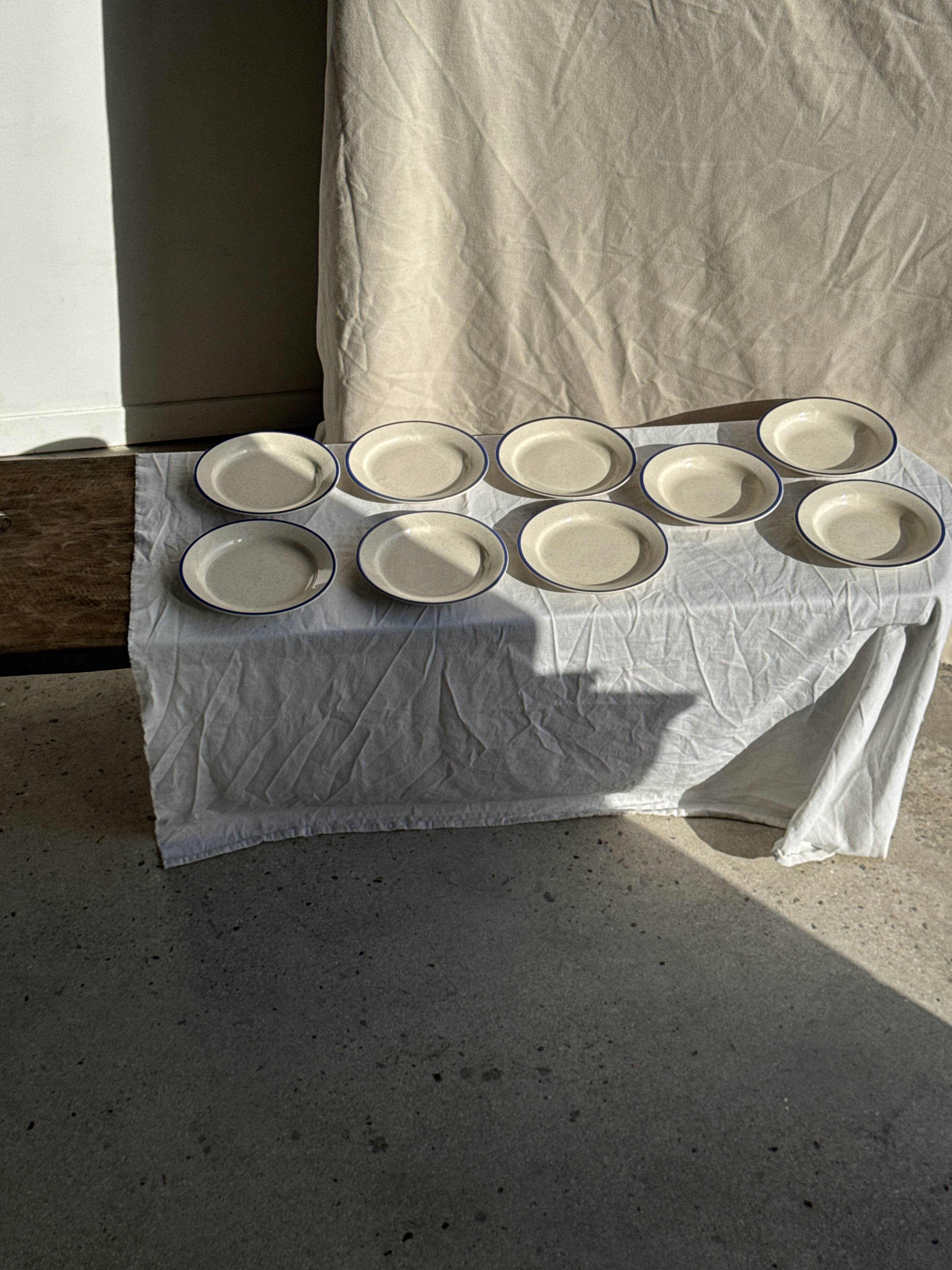 Set consisting of 6 beige flat plates with a blue rim + 3 deep plates.
