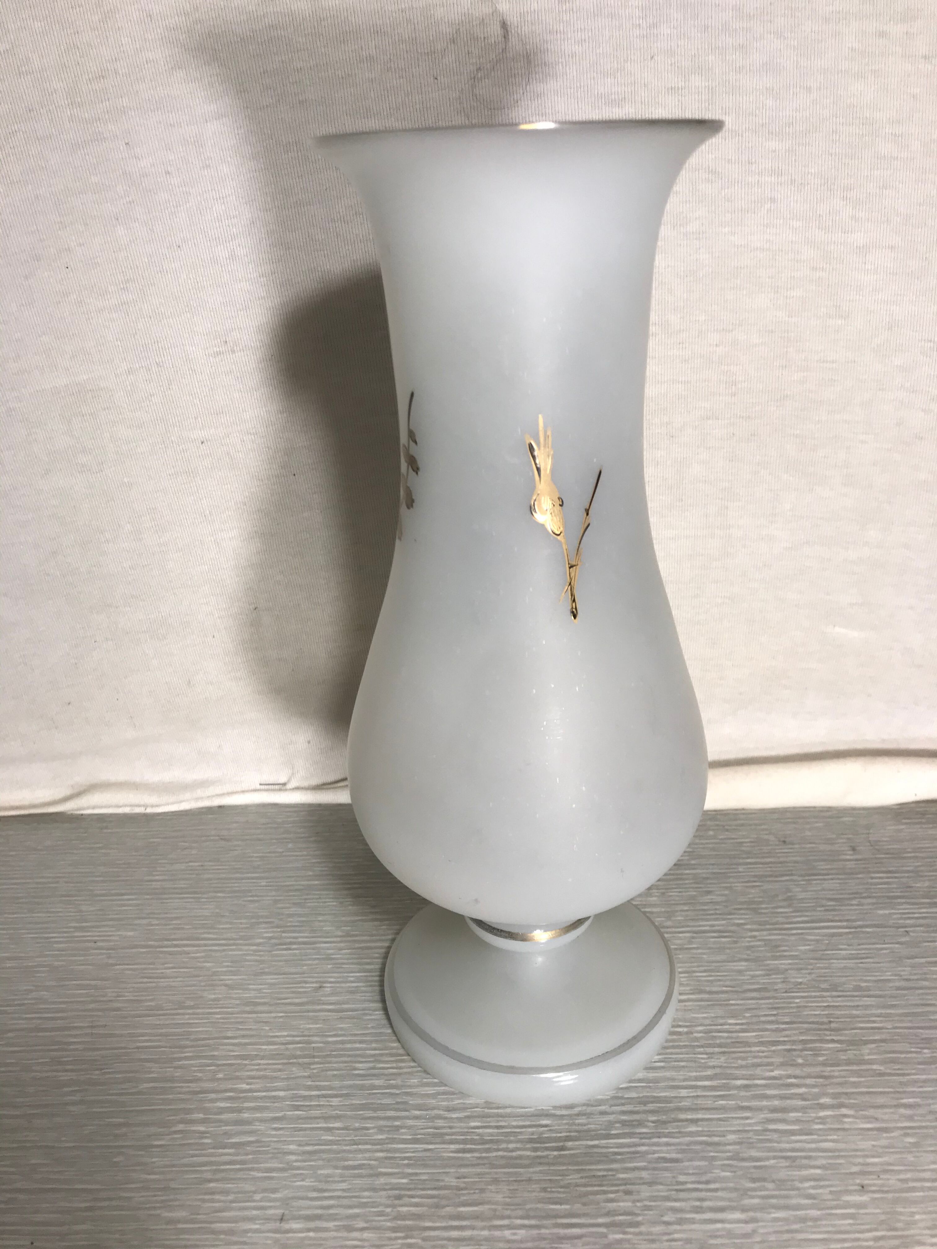 Ancient Glass Vase Opalin White - Drawing Golden Roses Form Vintage Cup