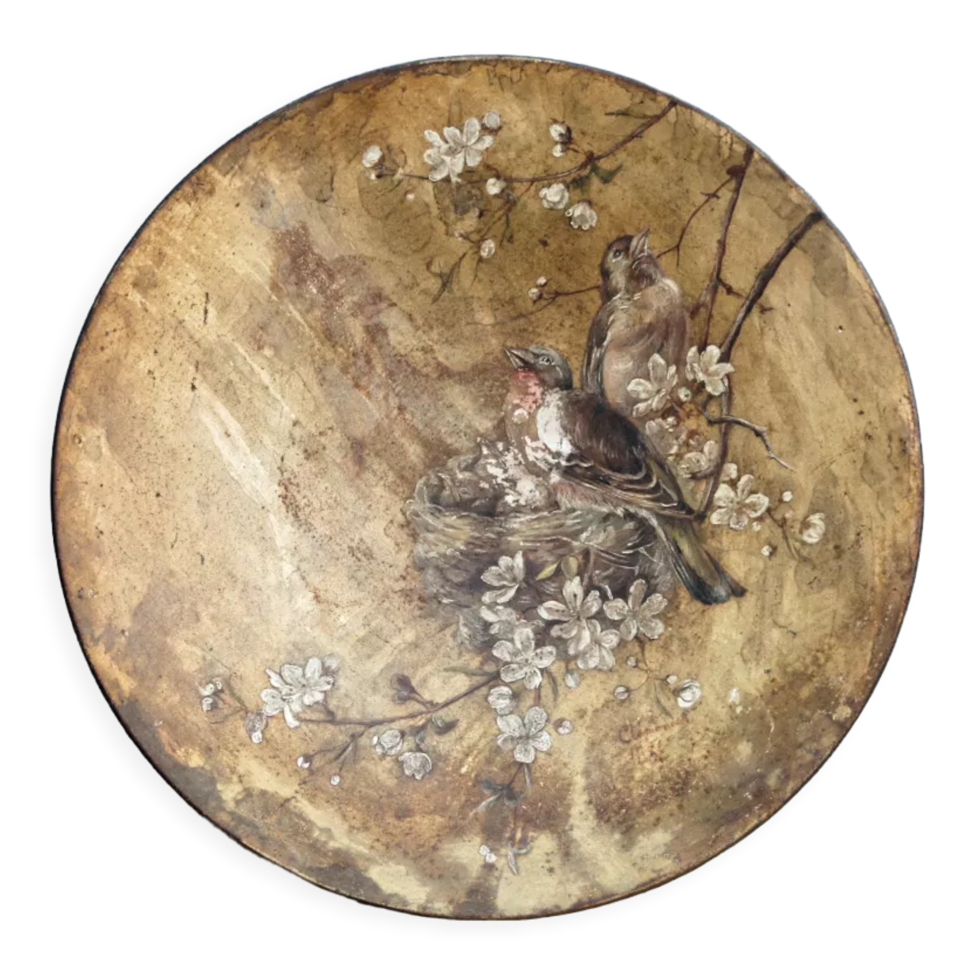 Bird dish, painted sheet metal, signed