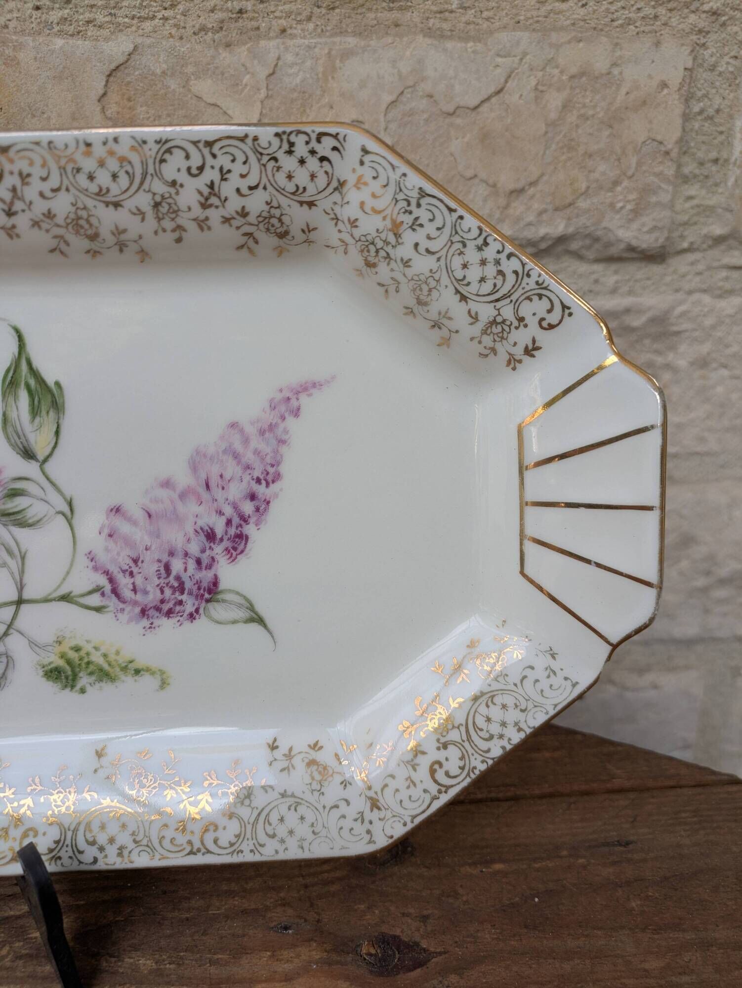 Limoges enamel porcelain cake dish LF with lilac flower decoration.