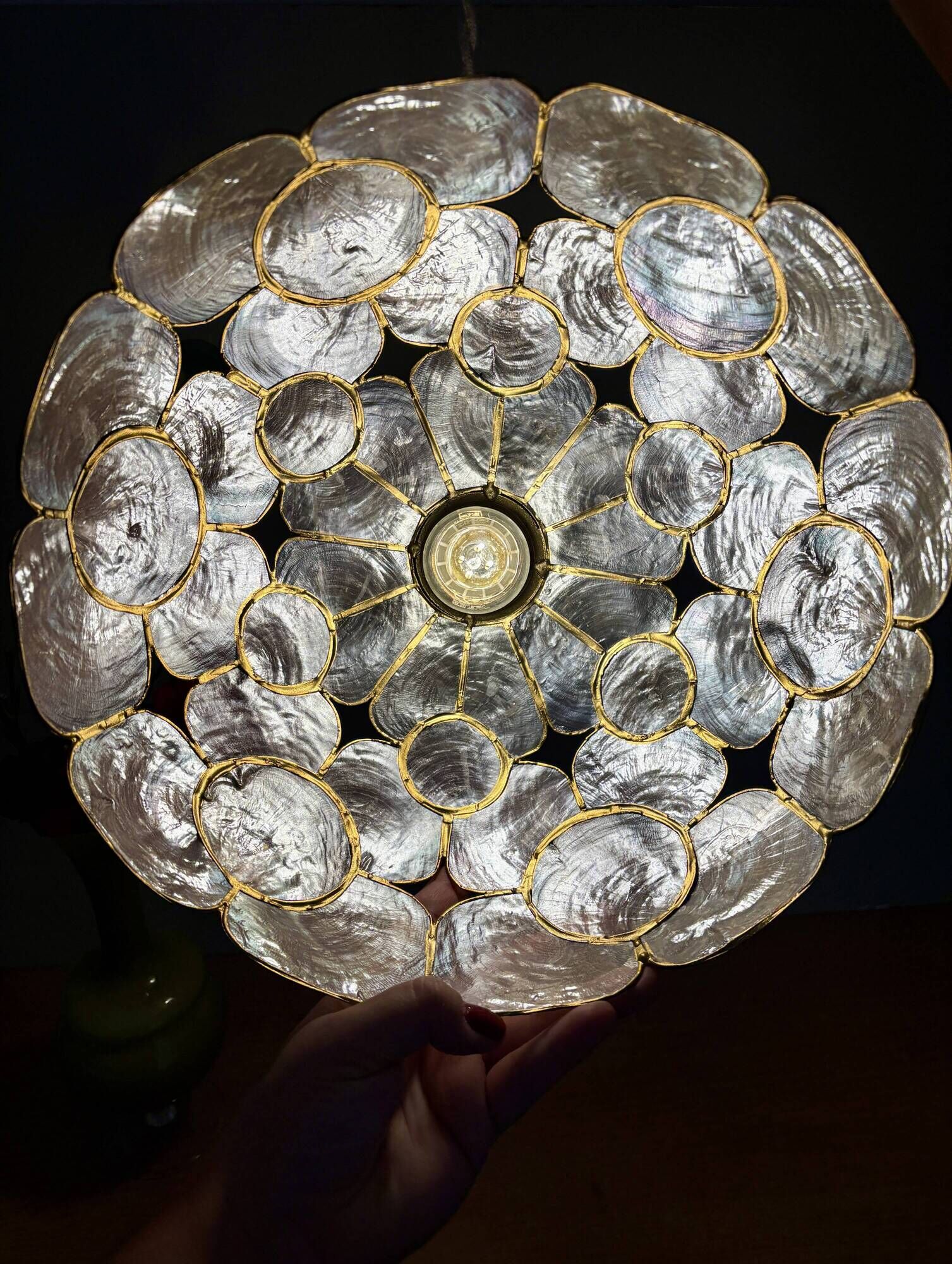 Vintage mother-of-pearl and brass lampshade pendant light