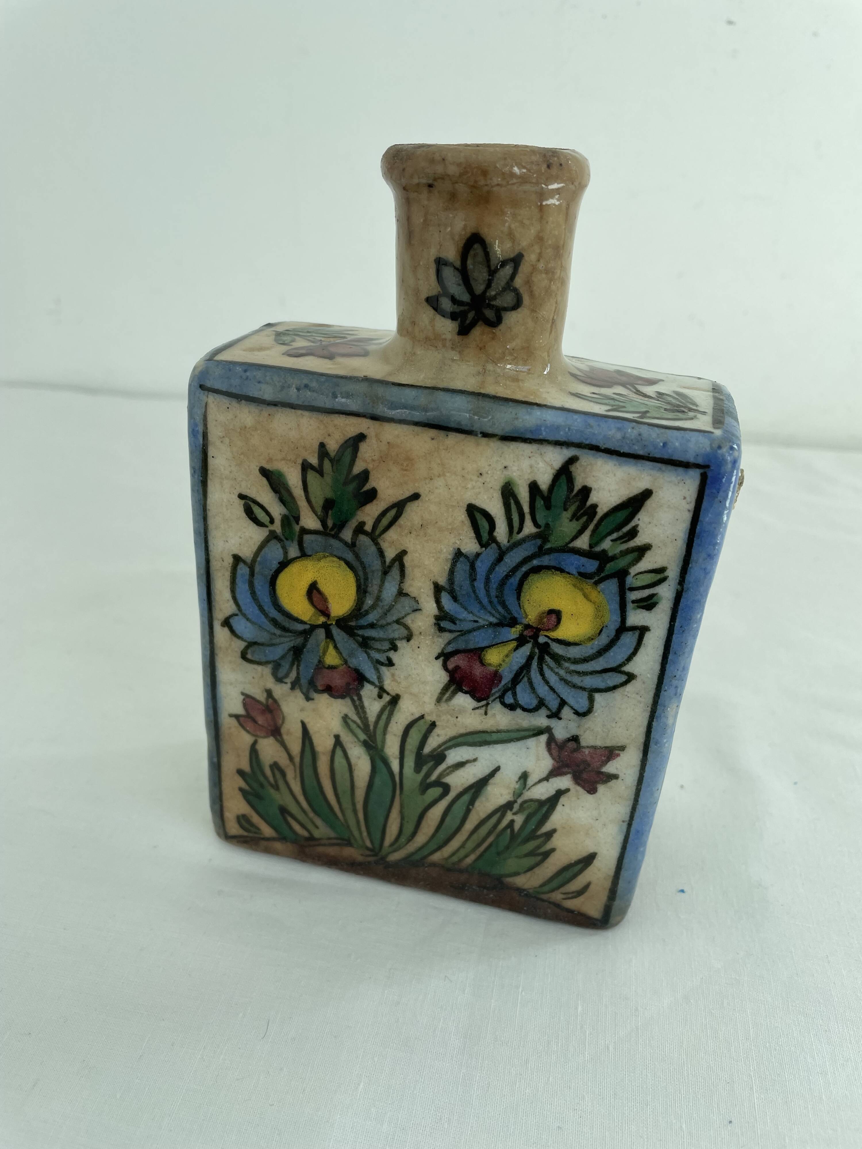 Persian bottle, antique vase with polychrome flower decoration, Kagjar style, antique ceramic