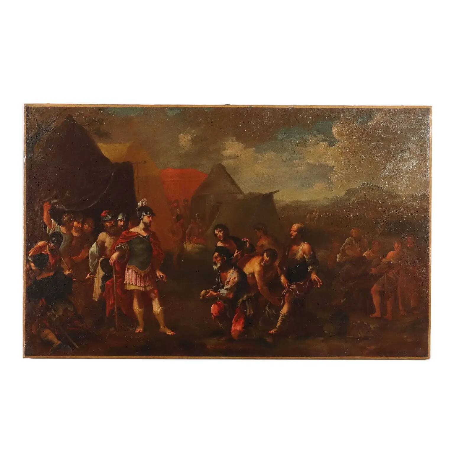 Ancient painting with a historical subject, oil on canvas, 17th century.