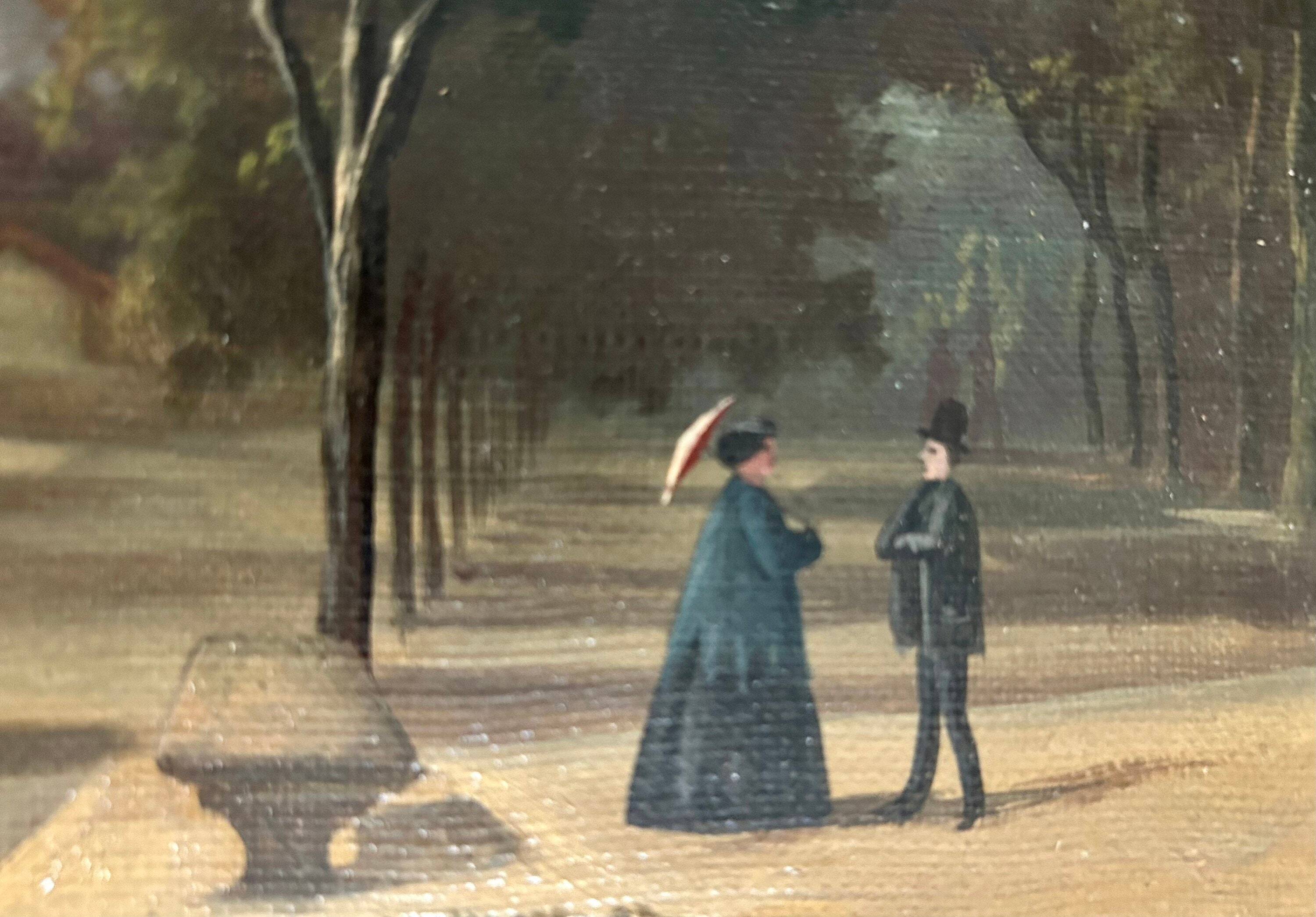 French oil painting from 1880s depicting a park promenade during Victorian era in Paris. Impressioni