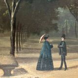 French oil painting from 1880s depicting a park promenade during Victorian era in Paris. Impressioni