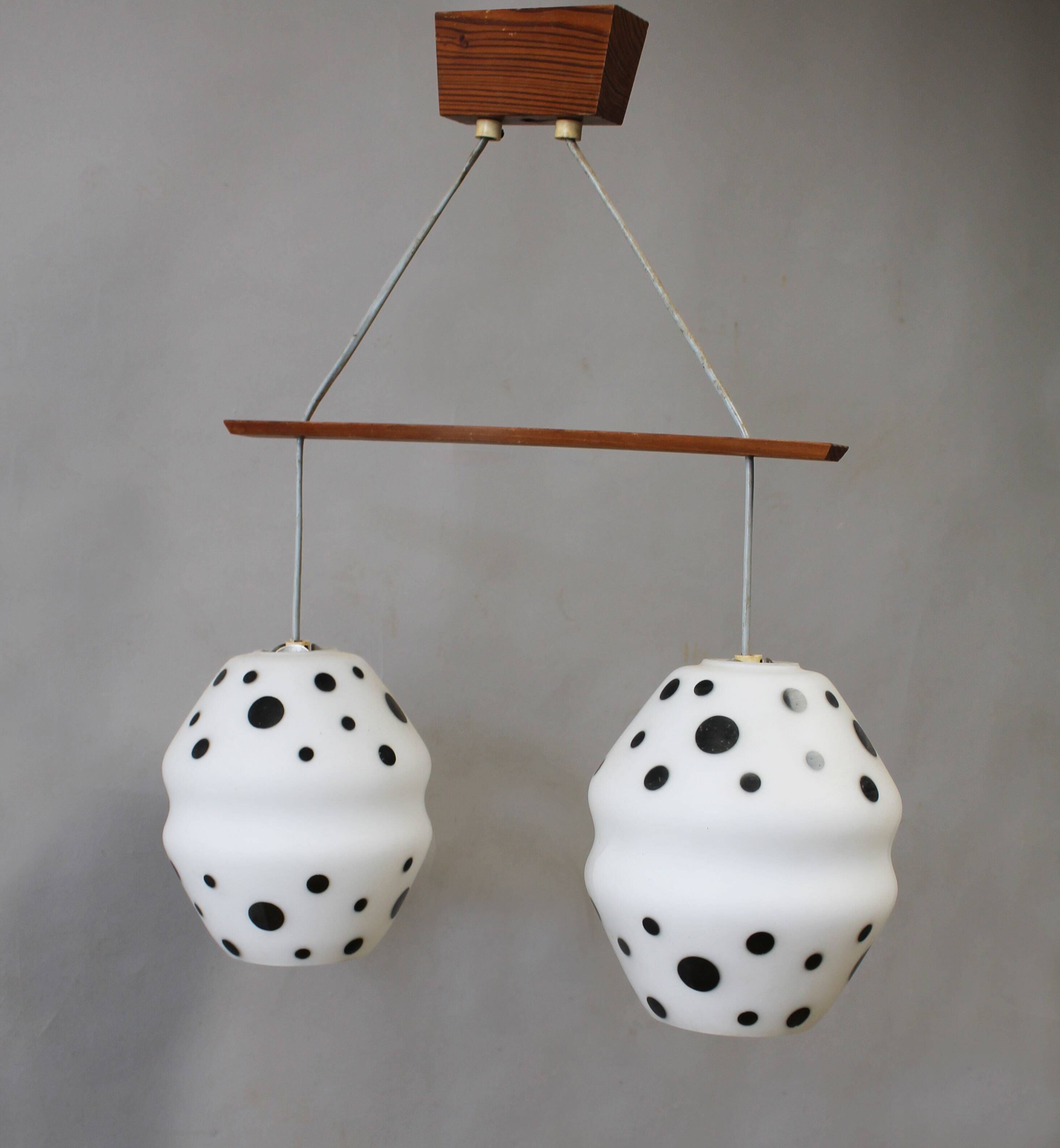 Vintage 1960s Czech Double Pendant Light with Black & White Opaline Glass