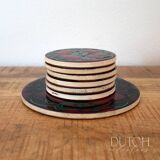Vintage Jersey Pottery Coaster Set, 1970s Ceramics, Red & Aqua Blue Pattern