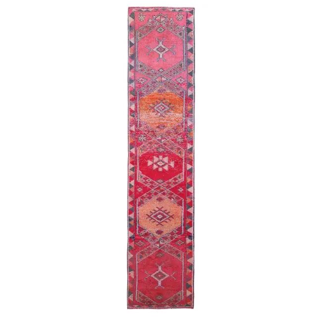 Vintage Turkish Oushak Handmade Cotton Pink Wool Runner Rug 79x362