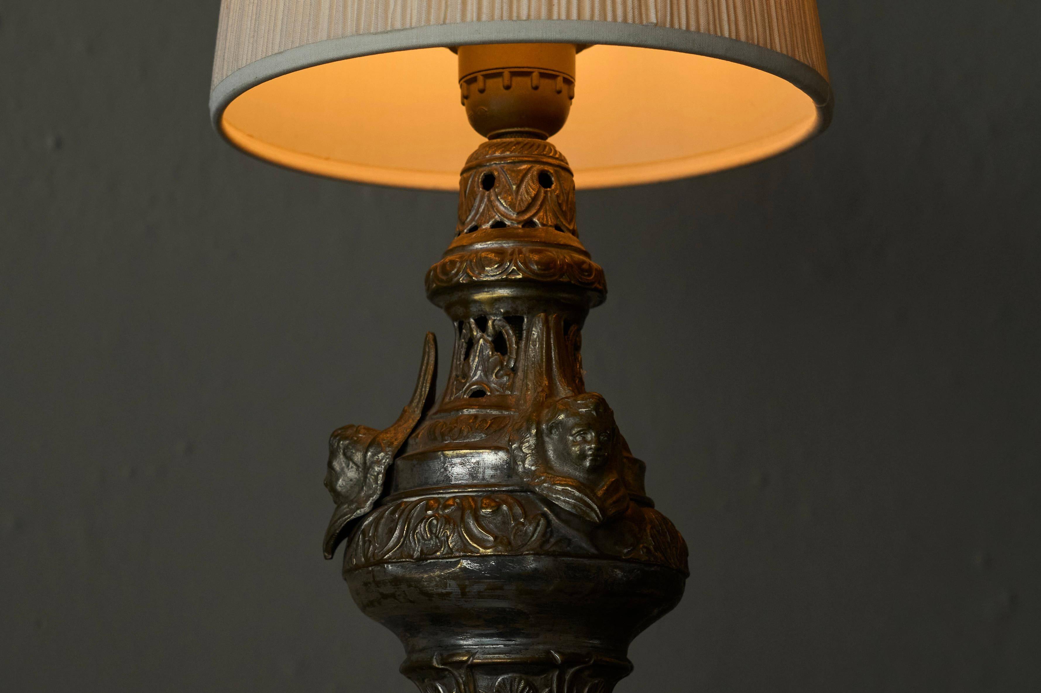 Antique Table Lamp in Patinated Brass and Silver, 19th Century