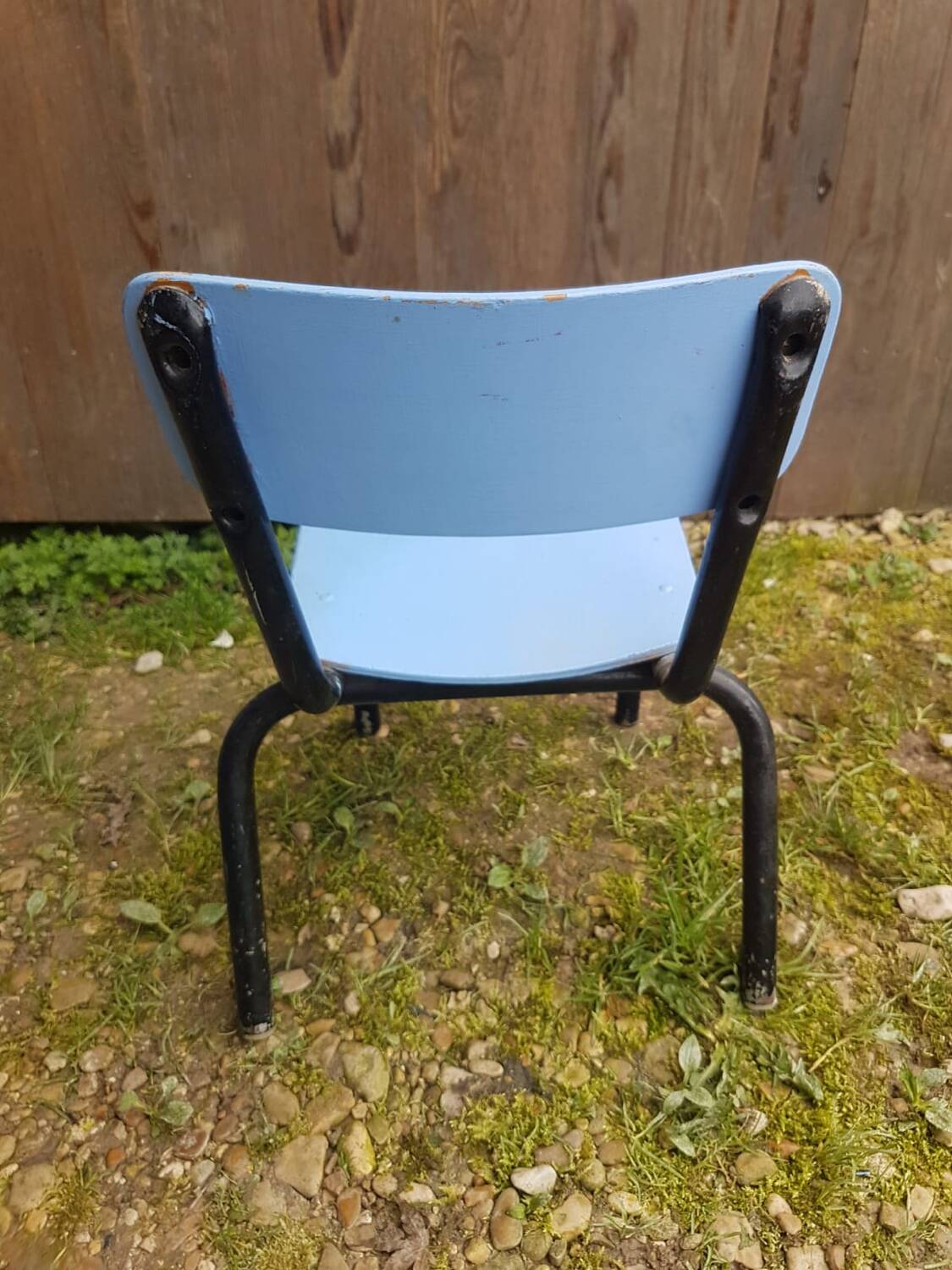 Mullca style children's chair black metal tube + vintage wood seat & back #a663