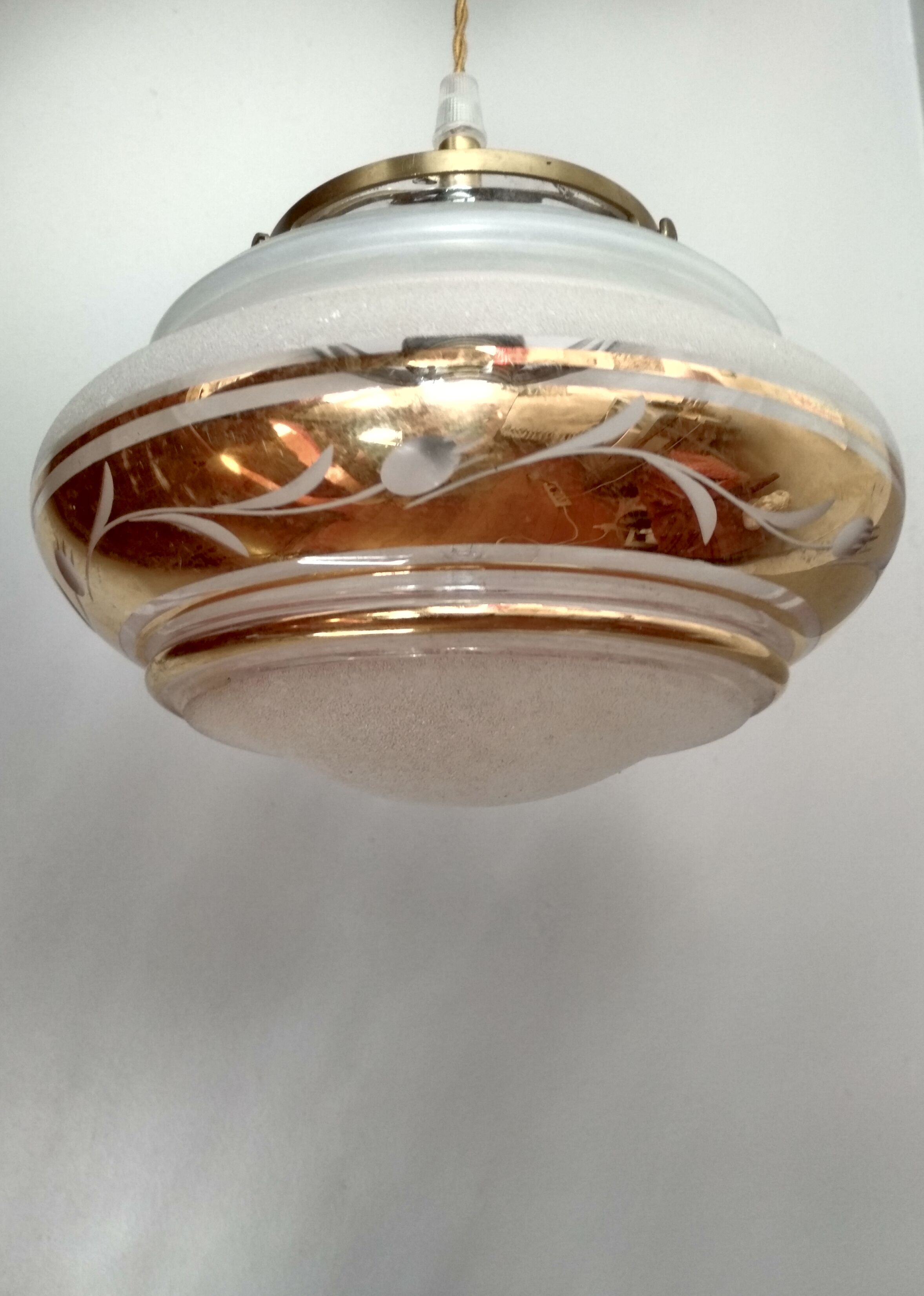 White and gold opaline globe hanging lamp 1950
