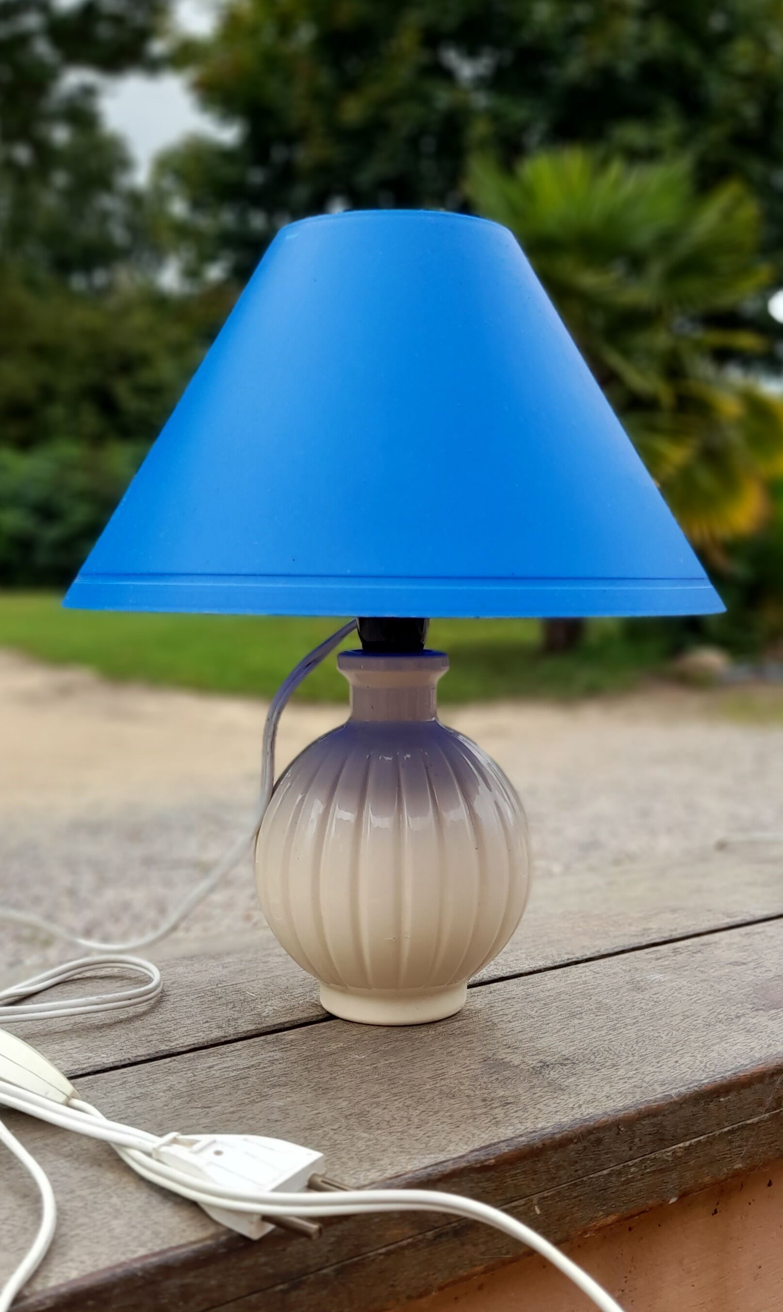 Bedside lamp, ceramic ball foot cream, blue lampshade, circa 70's