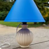 Bedside lamp, ceramic ball foot cream, blue lampshade, circa 70's