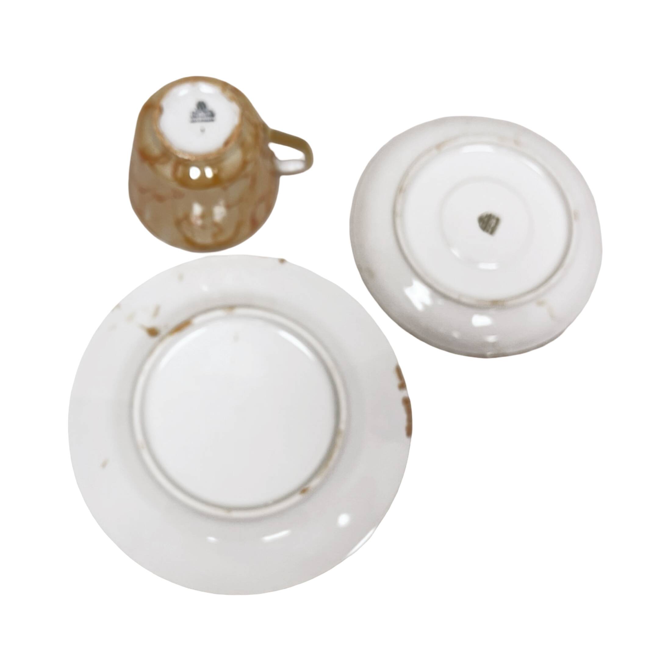 Ensemble de petit-déjeuner "Trio" de Chodzież – design marbré doré, époque PRL (années 1970).
