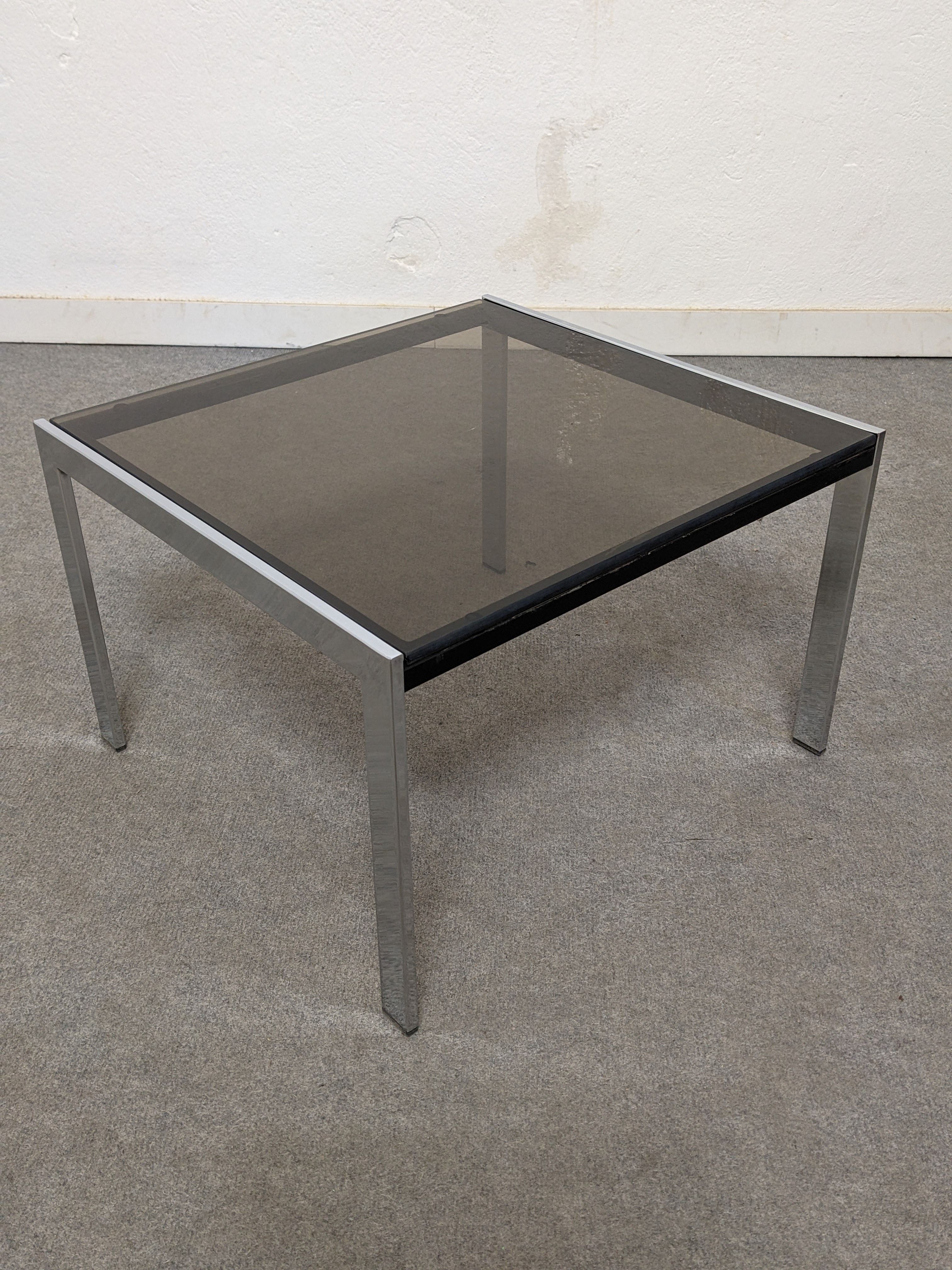 Bedside table or end of sofa in chromed metal and smoked glass from the 70s