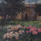 Landscape scene with floral meadow