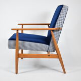 Fauteuil d’origine « Fox » restauré design H.Lis années 1970, pied de poule bleu