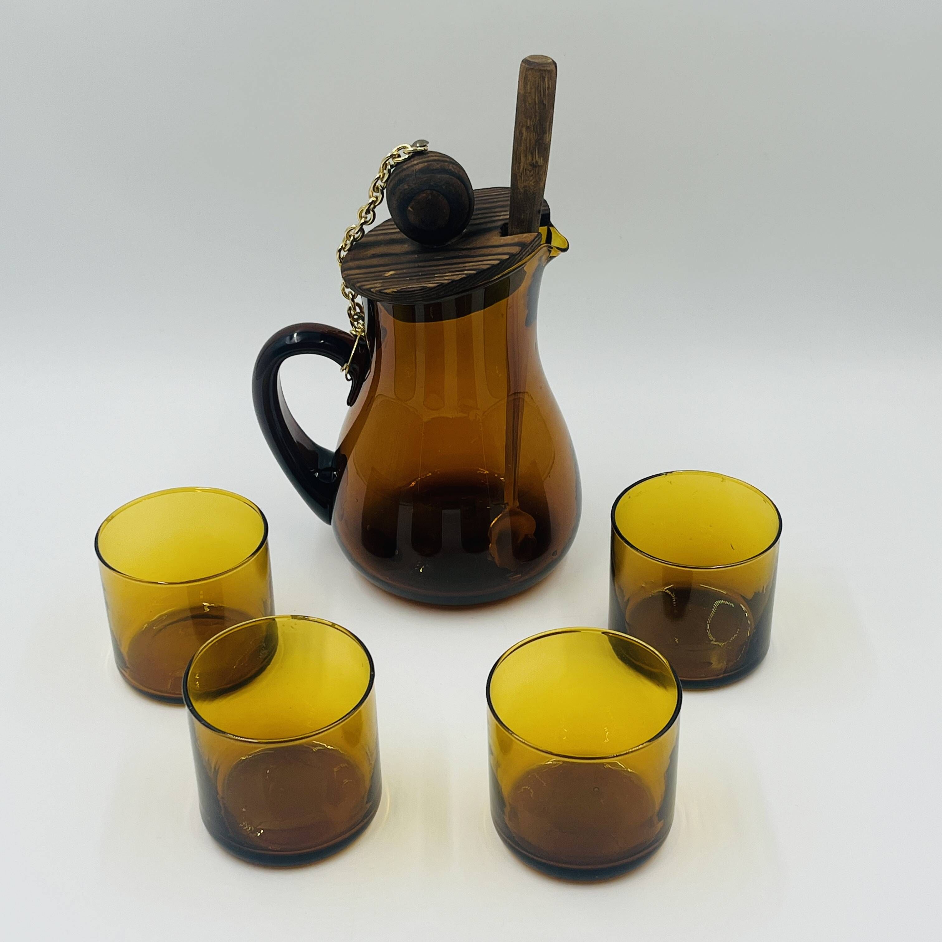 Vintage Sangria Service in Amber Glass and Wood