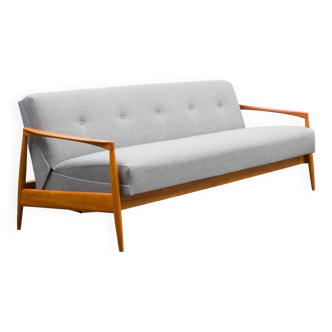 Vintage convertible sofa, cherry wood, refurbished