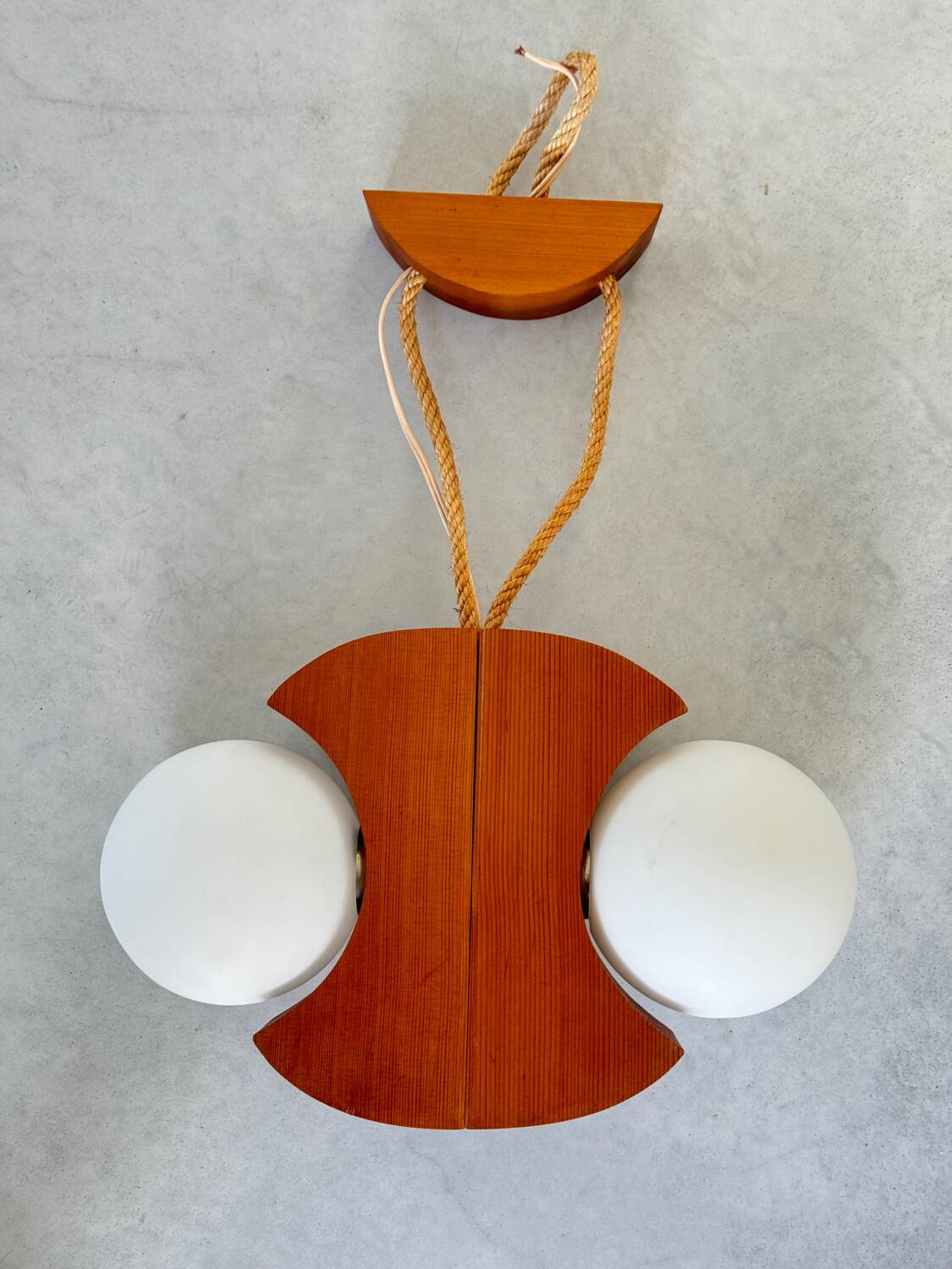 Scandinavian design chandelier pendant, rope, opaline and pine, from the 1980s