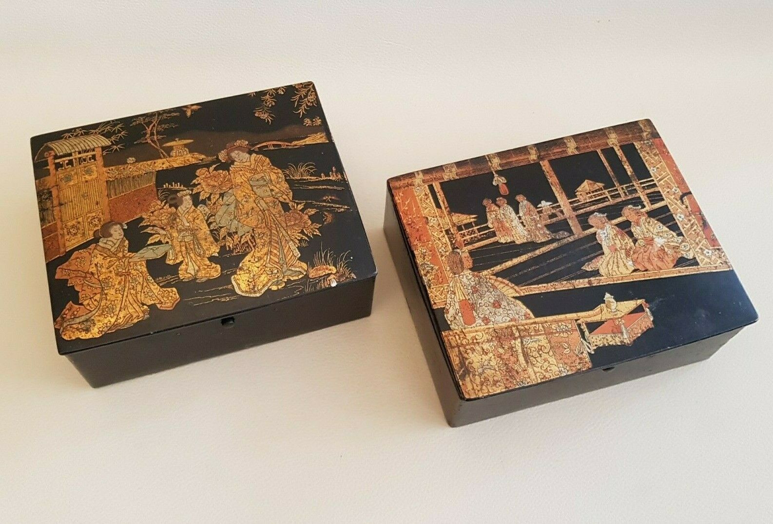 Pair of papier-mâché mailboxes & lacquer Japanese chinese decoration XIXth