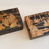Paire de boîtes à courrier en papier mâché & laque décor japonais chinois XIXème