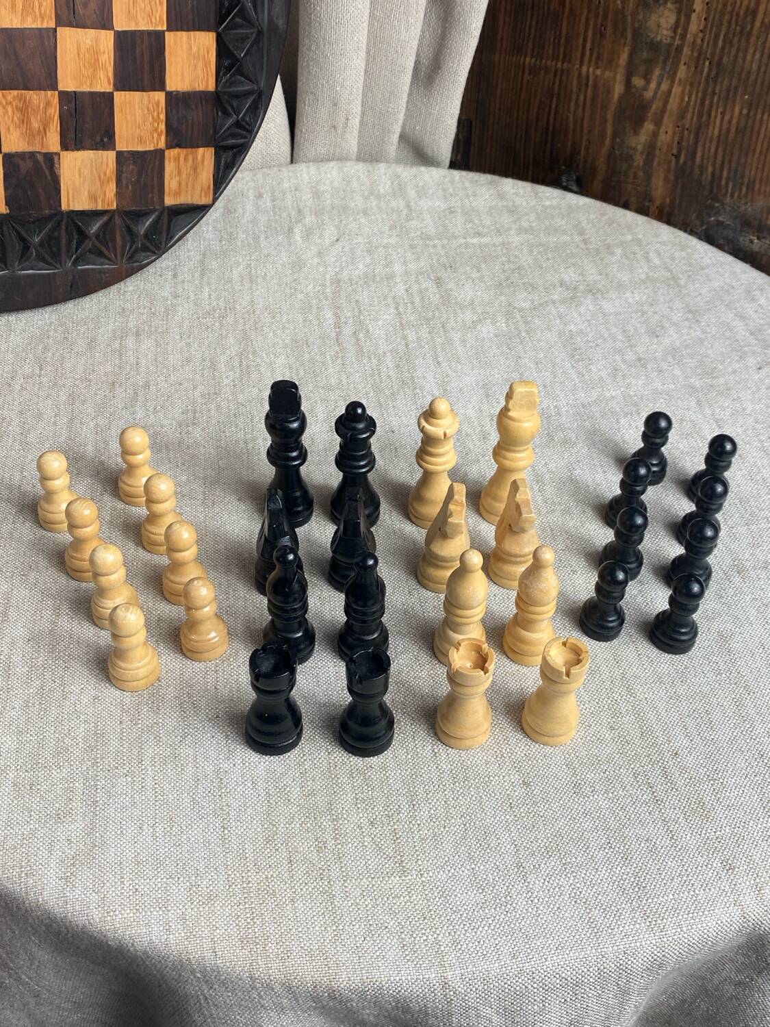Carved wooden chess set