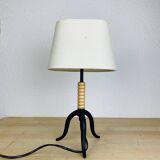 Wrought iron and wood tripod lamp