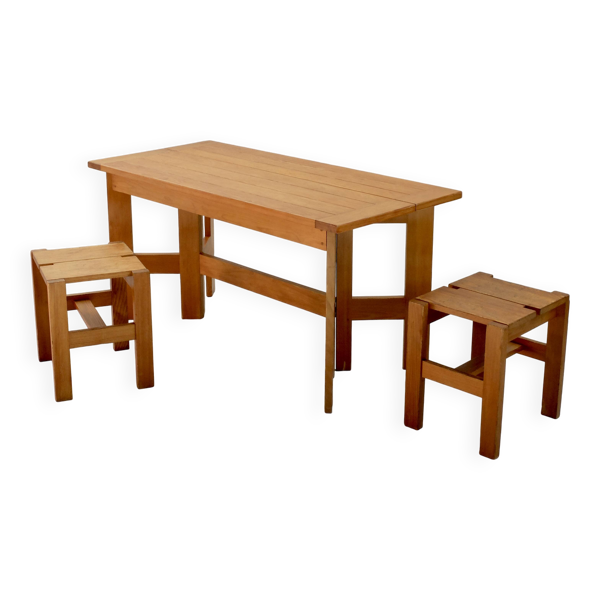 Bureau pliable ou console pin massif, 2 tabourets, édition Regain certifiée