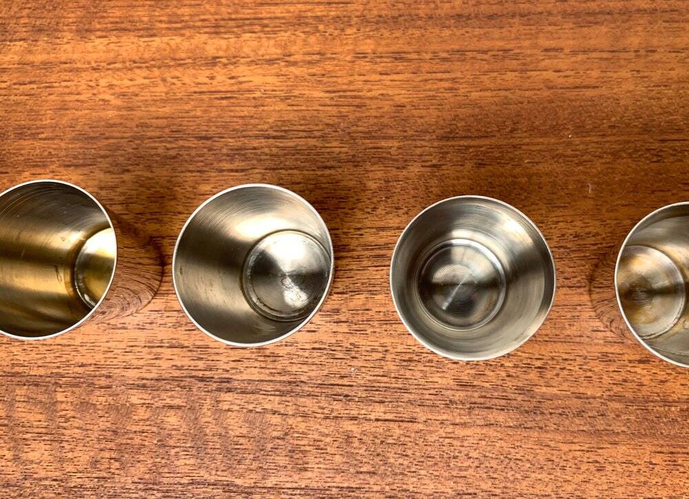 Set of 5 metal shot glasses in German owl style from the mid-century, 1960s.