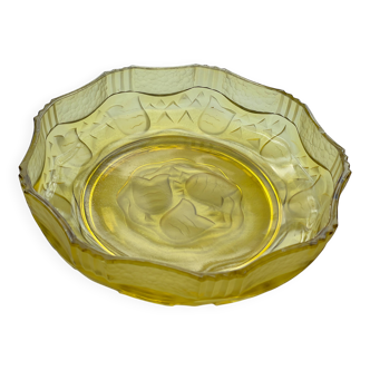Rare Art Deco salad bowl by André Hunebelle in yellow molded pressed glass