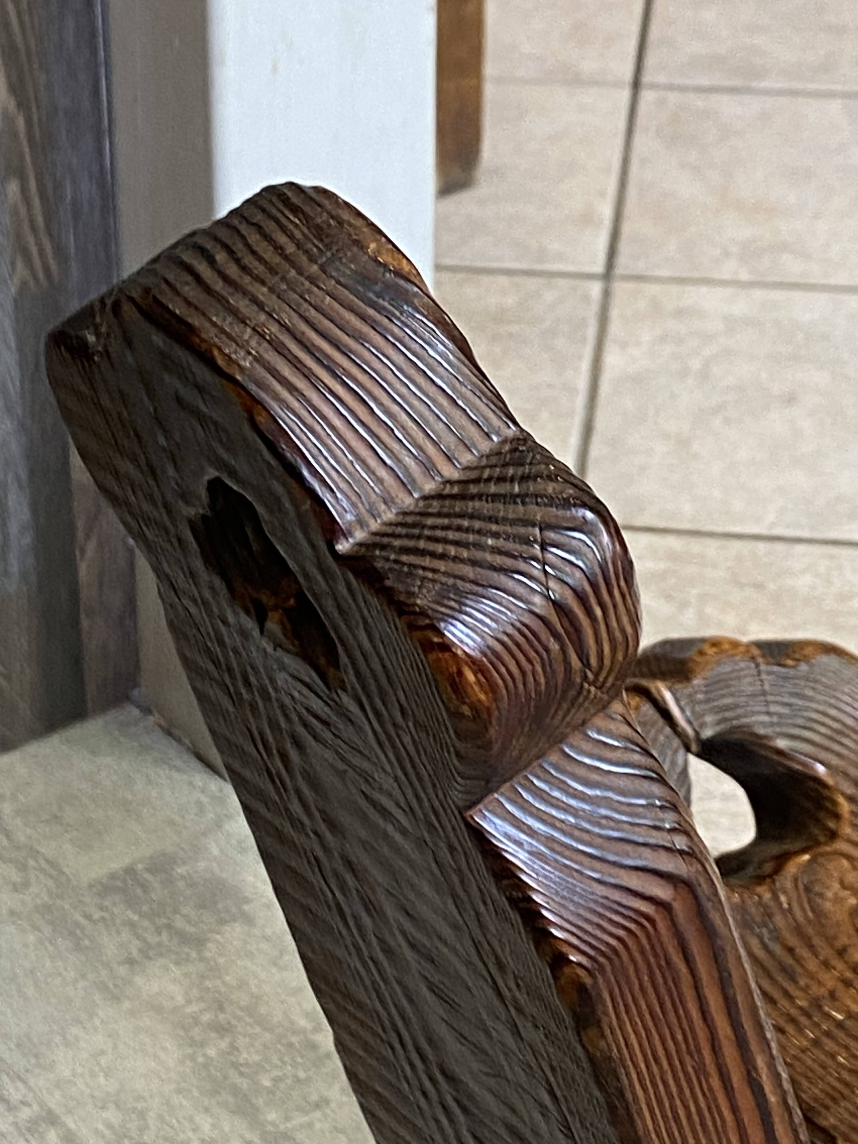 Brutalist tripod chair n2, carved solid wood, antique.