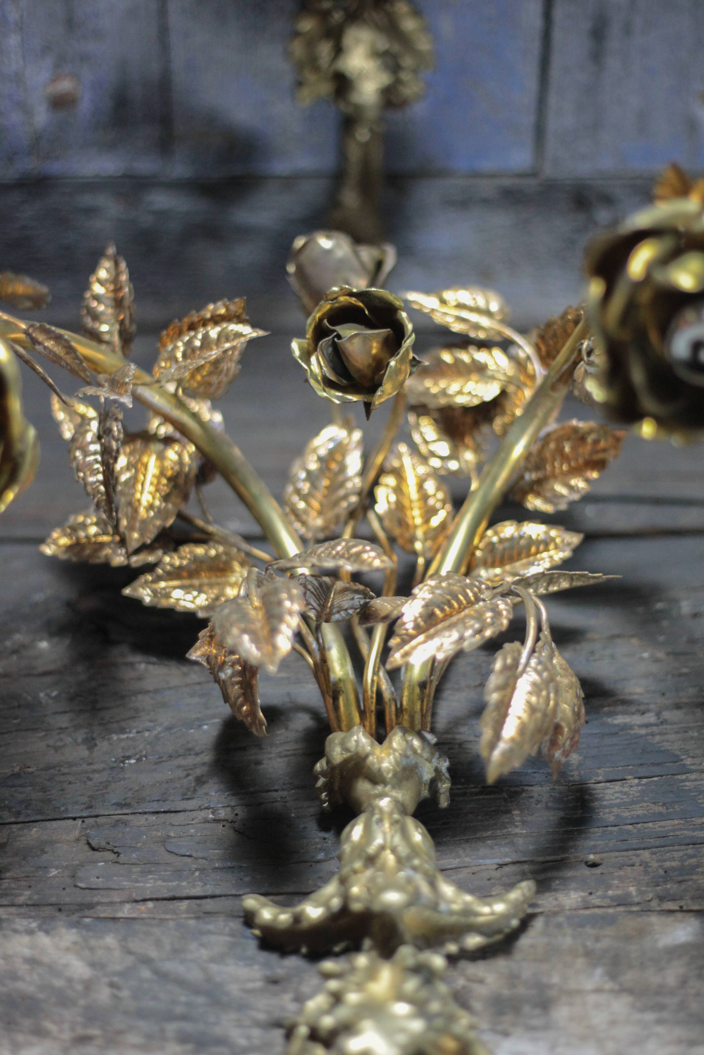 Pair of bronze and gold metal floral wall sconces, flower wall lamp.
