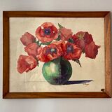Tableau ancien, nature morte aux coquelicots, années 60