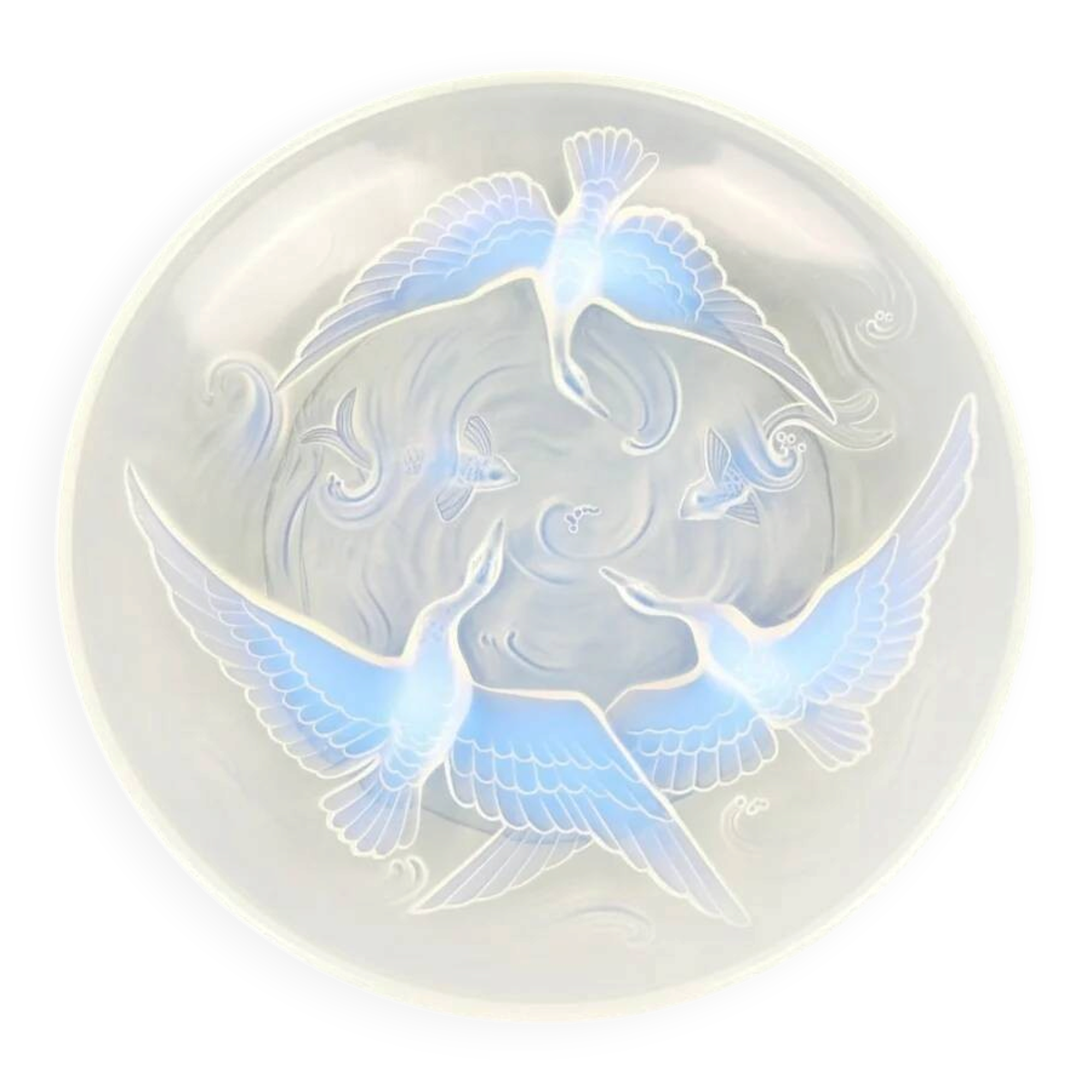 Verlys, iridescent glass cut with a design of geese and fish.