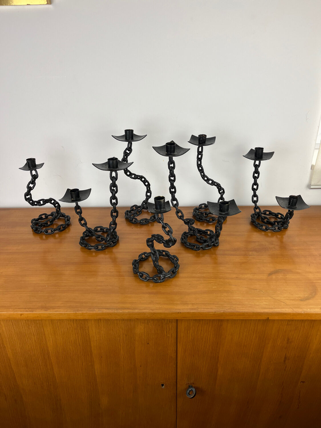 7 wrought iron candle holders in brutalist chain style