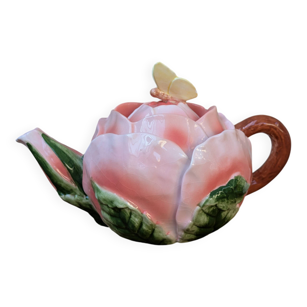 Théière en céramique en forme de rose avec papillon et pétales en relief