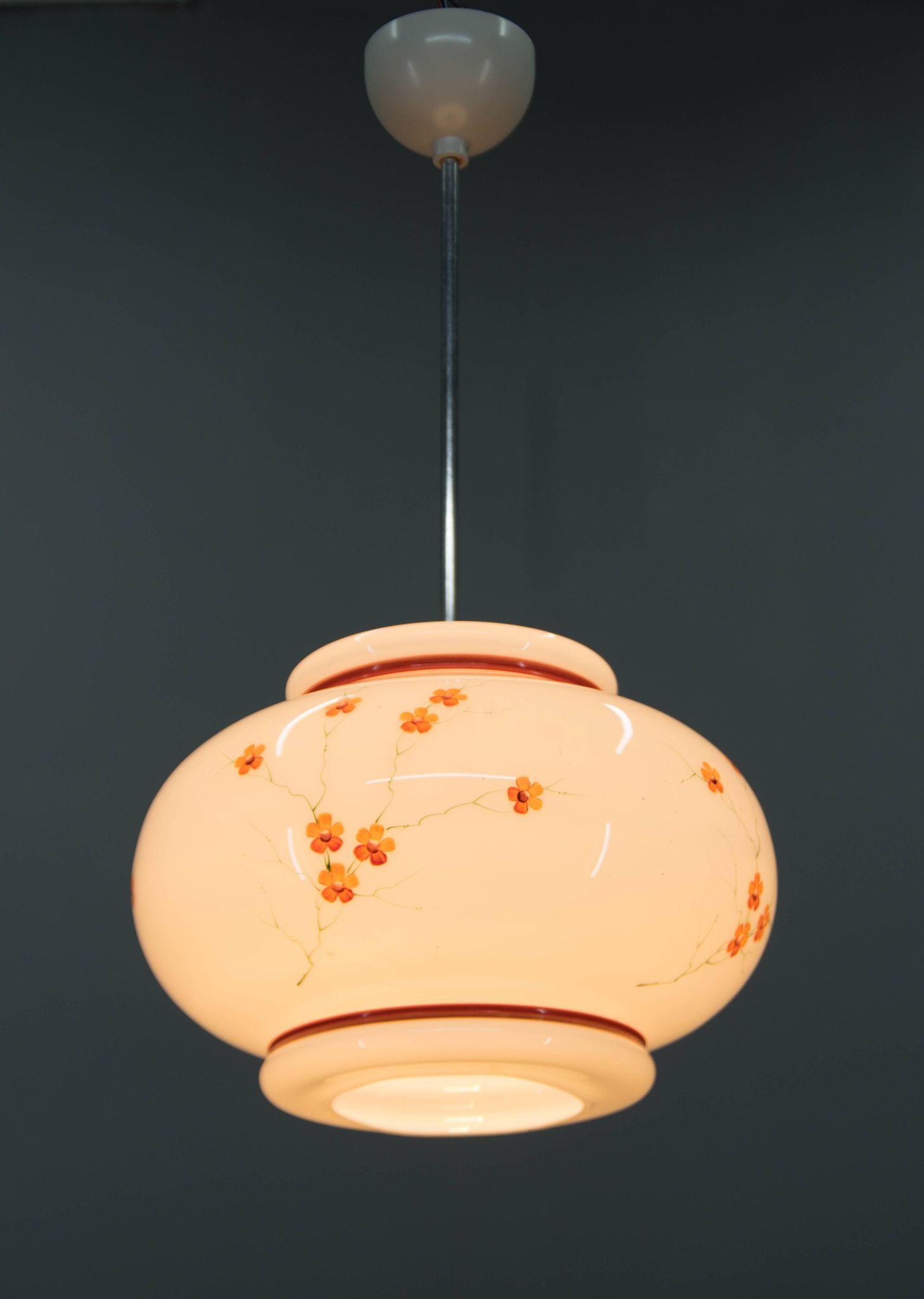 1970s Hand-Painted Milk Glass Pendant Light  Mid-Century Vintage