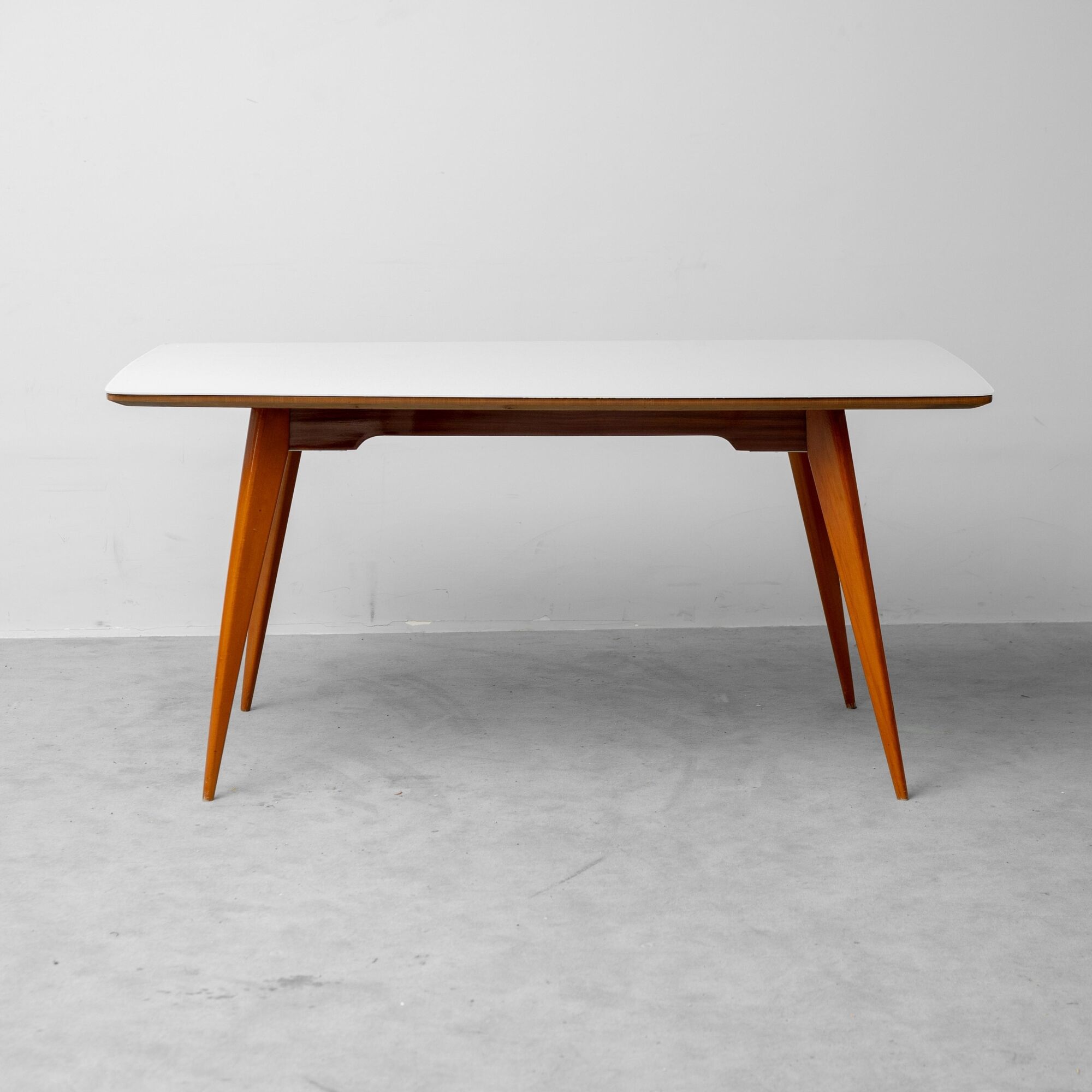 Vintage dining table set with 6 wooden chairs from the 1960s modernism