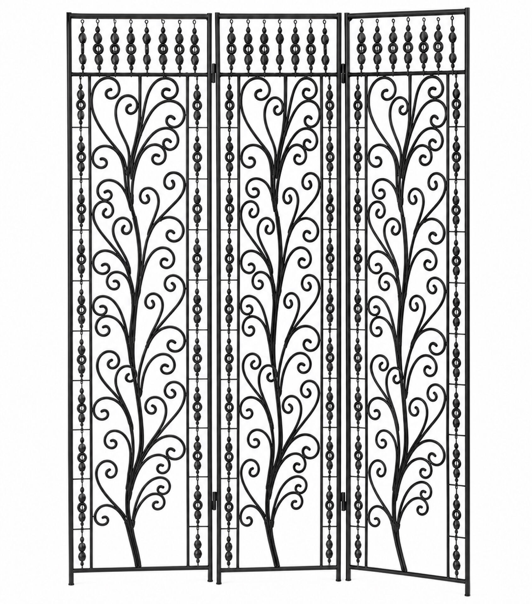 Black wrought iron screen, openwork floral pattern, 3 panels.