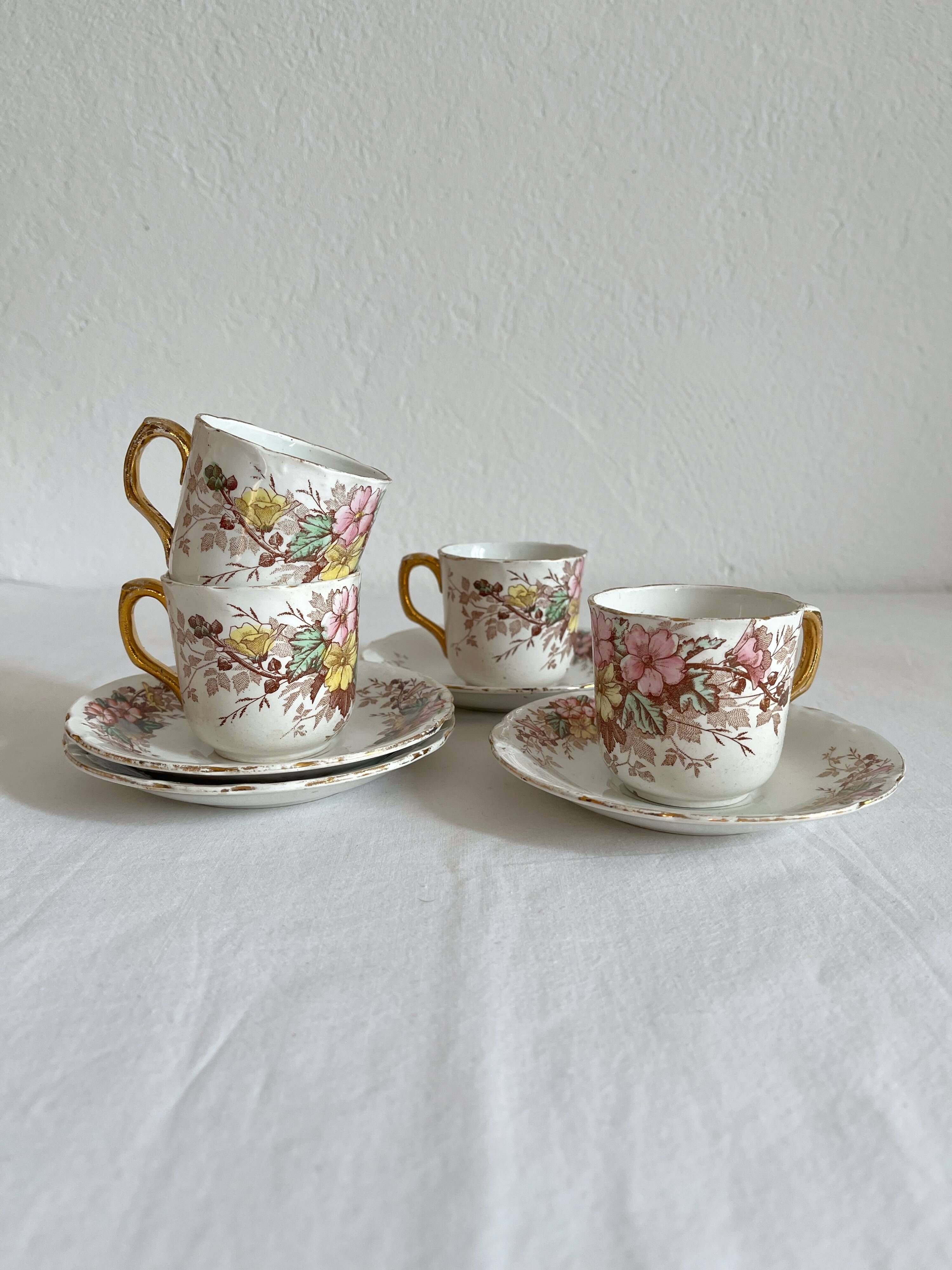 4 antique coffee cups in polychrome iron earth KG Lunéville