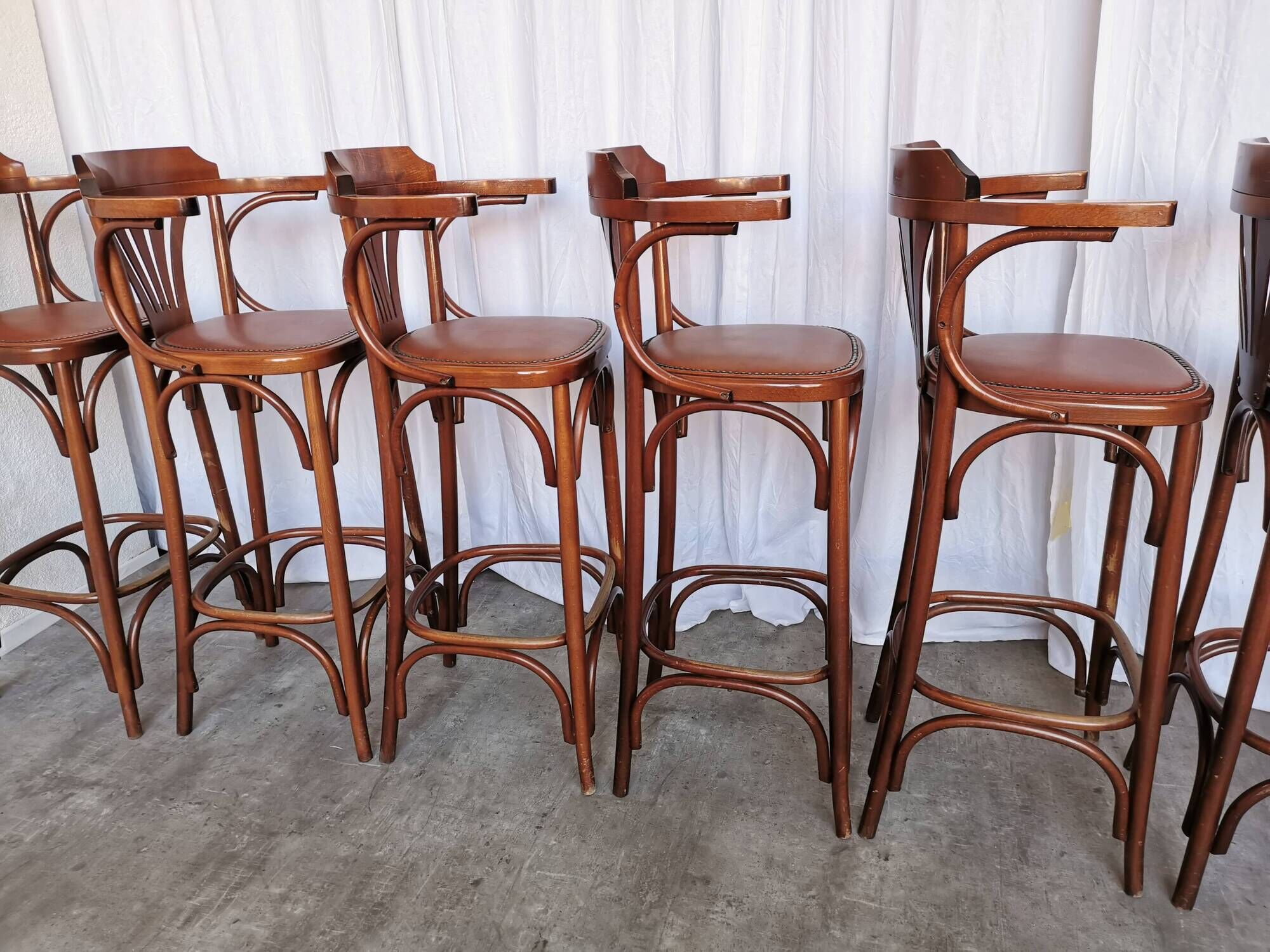 Set of 6 Vintage Bentwood Bar Stool Set: Brown Leather Seat, Nailhead Trim