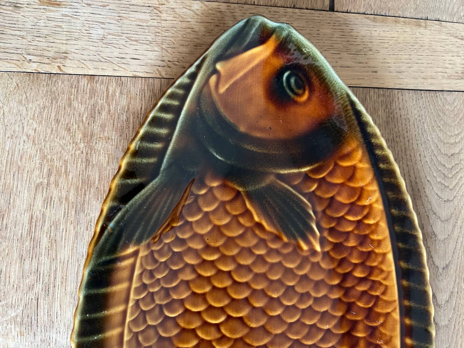 Sarreguemines fish barbotine dish 1970