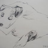 Drawing signed tauzin mario: regard chien au repos, black pencil original 1970s, charcoal